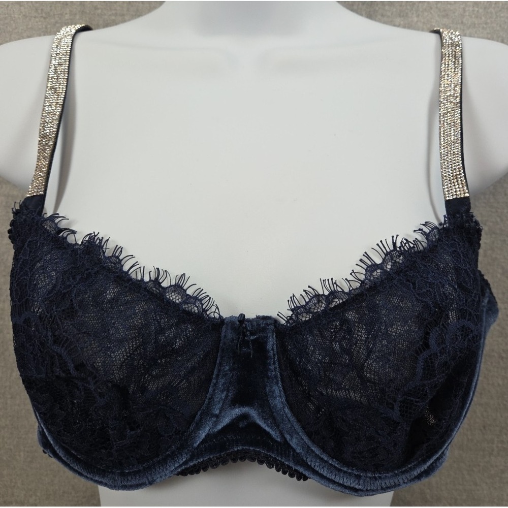 Victorias Secret Bra 36C Dream Angels No Pad Push Up Sparkle Glitter Straps Navy